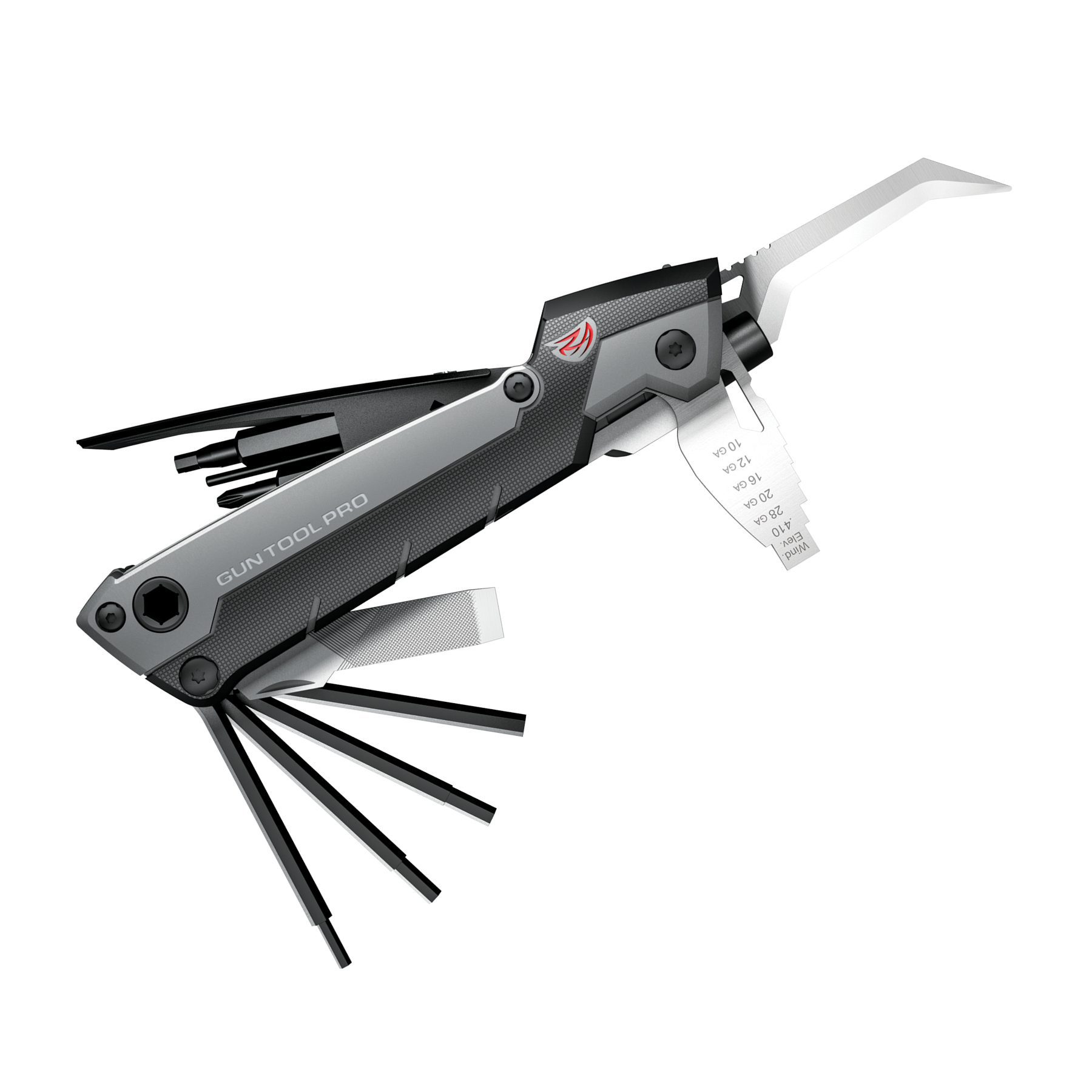 a swiss army knife with multiple blades and a tag
